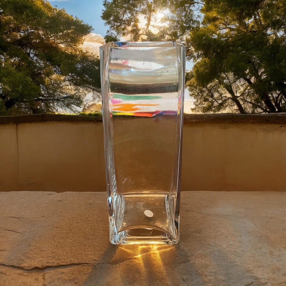 Stylish Rectangular clear glass vase in excellent condition. 8.75 x 4 x 3.5